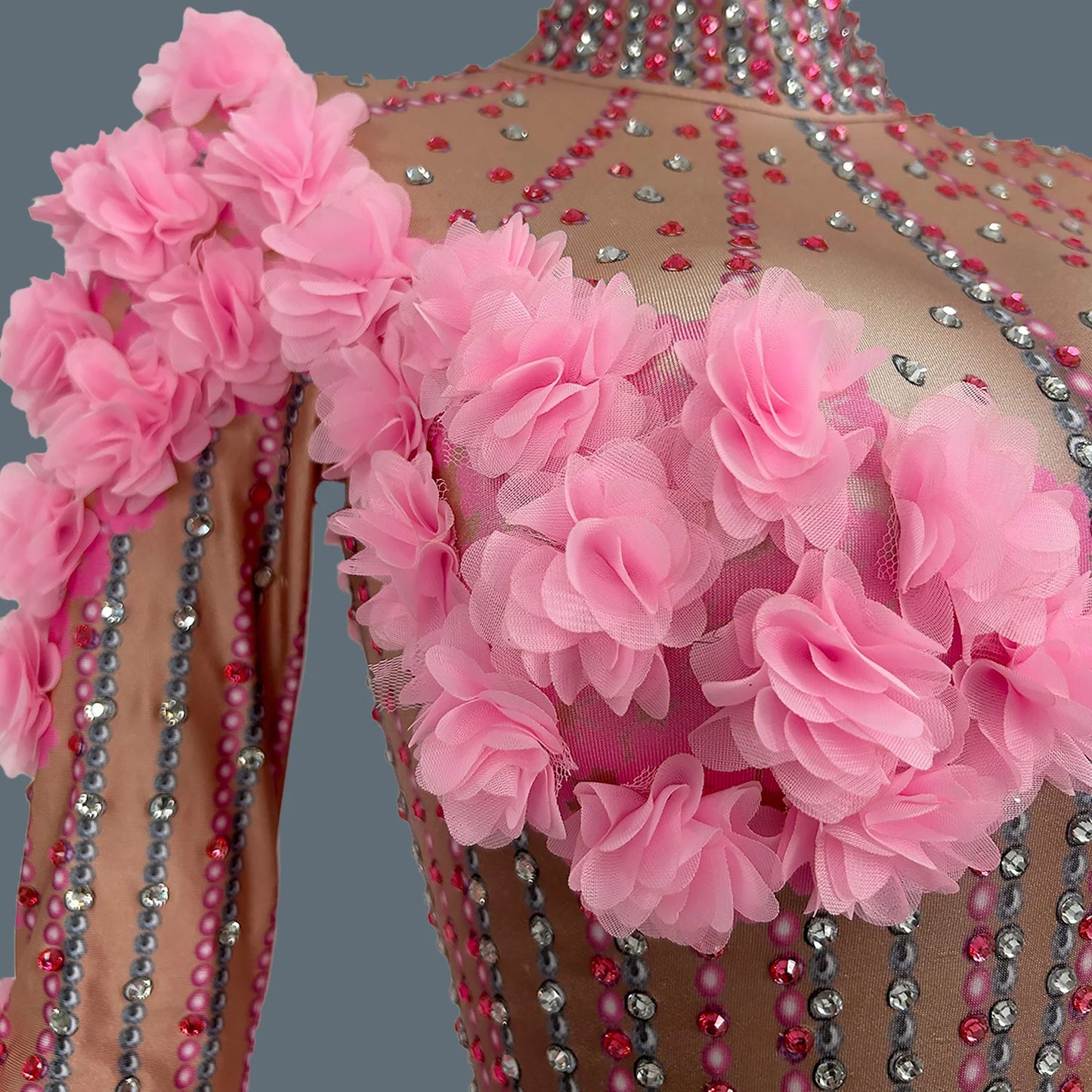 Flower Rhinestones Long Sleeve Pink Jumpsuit