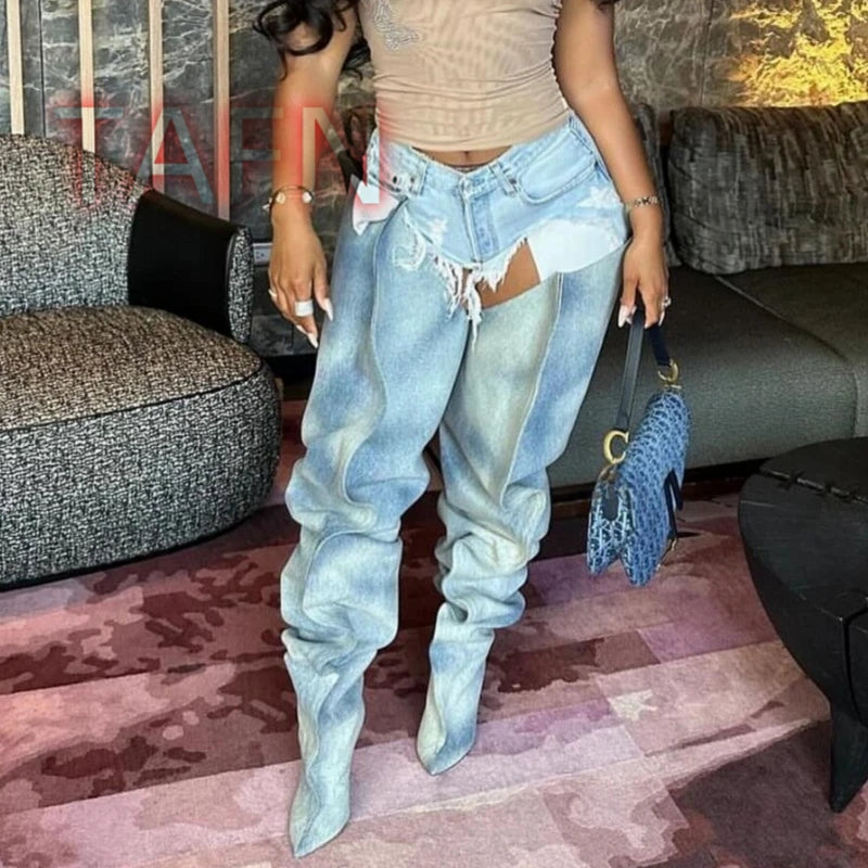 Blue Denim Over-the-knee Boots