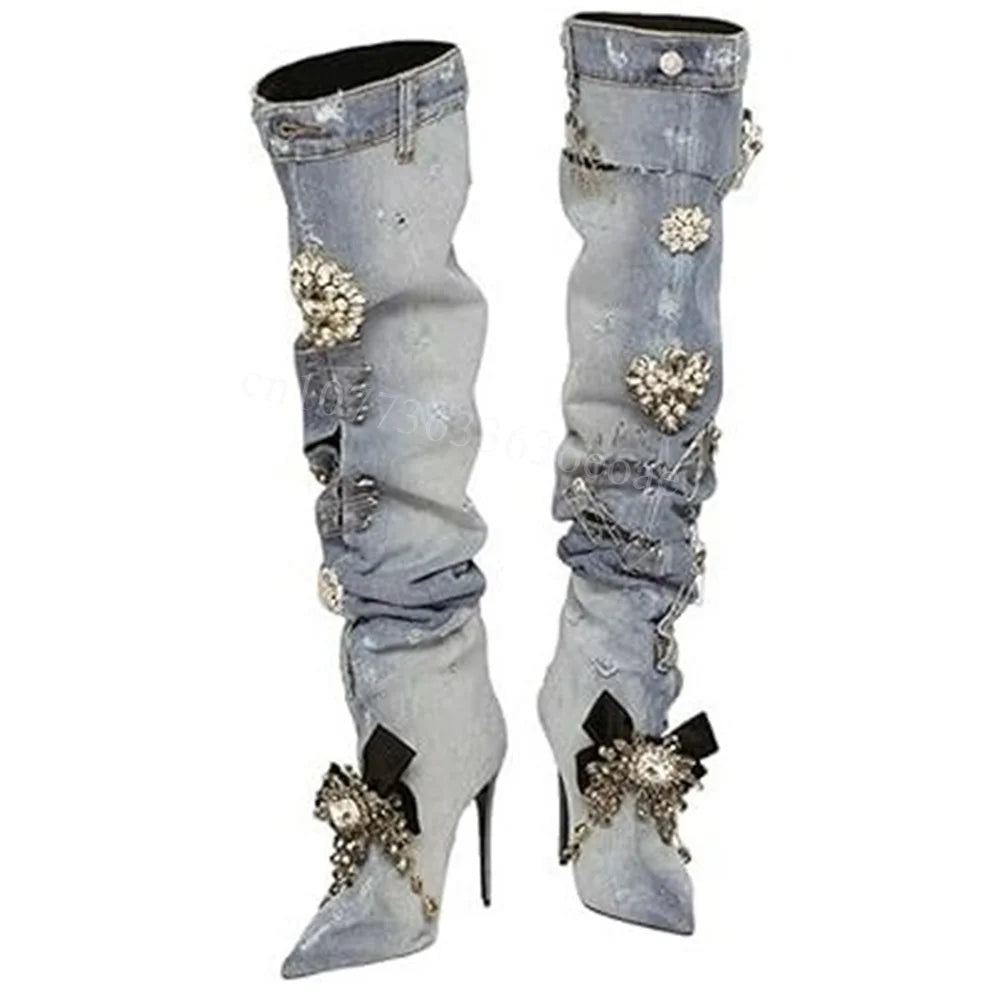 Demin Crystal Decor Boots