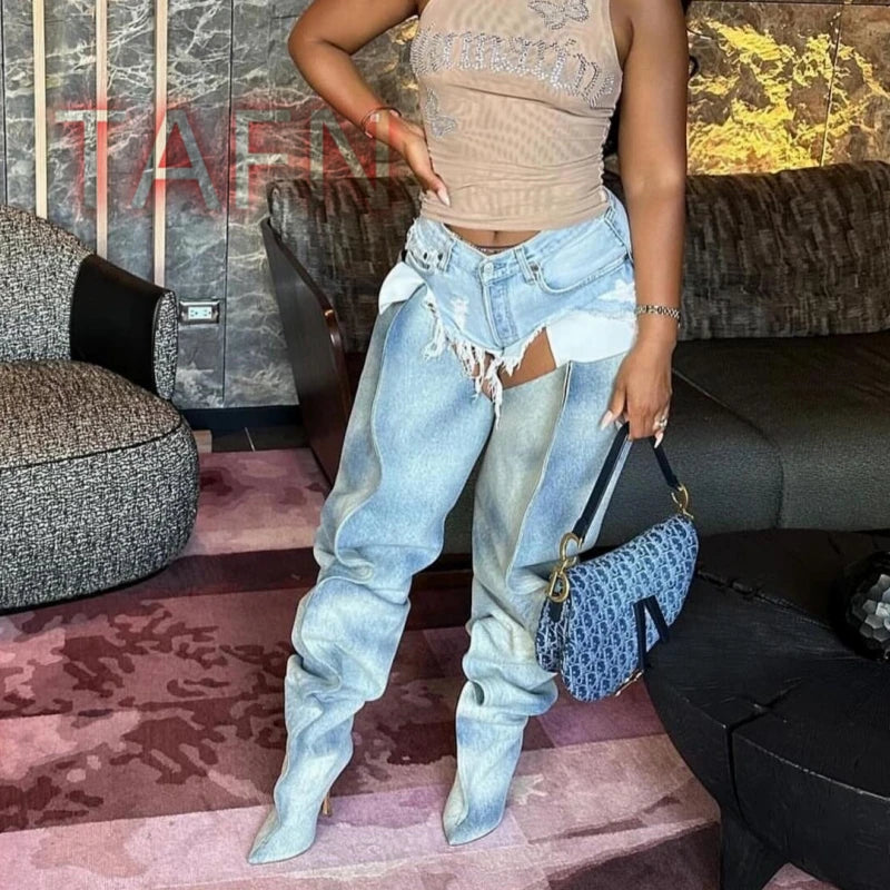 Blue Denim Over-the-knee Boots