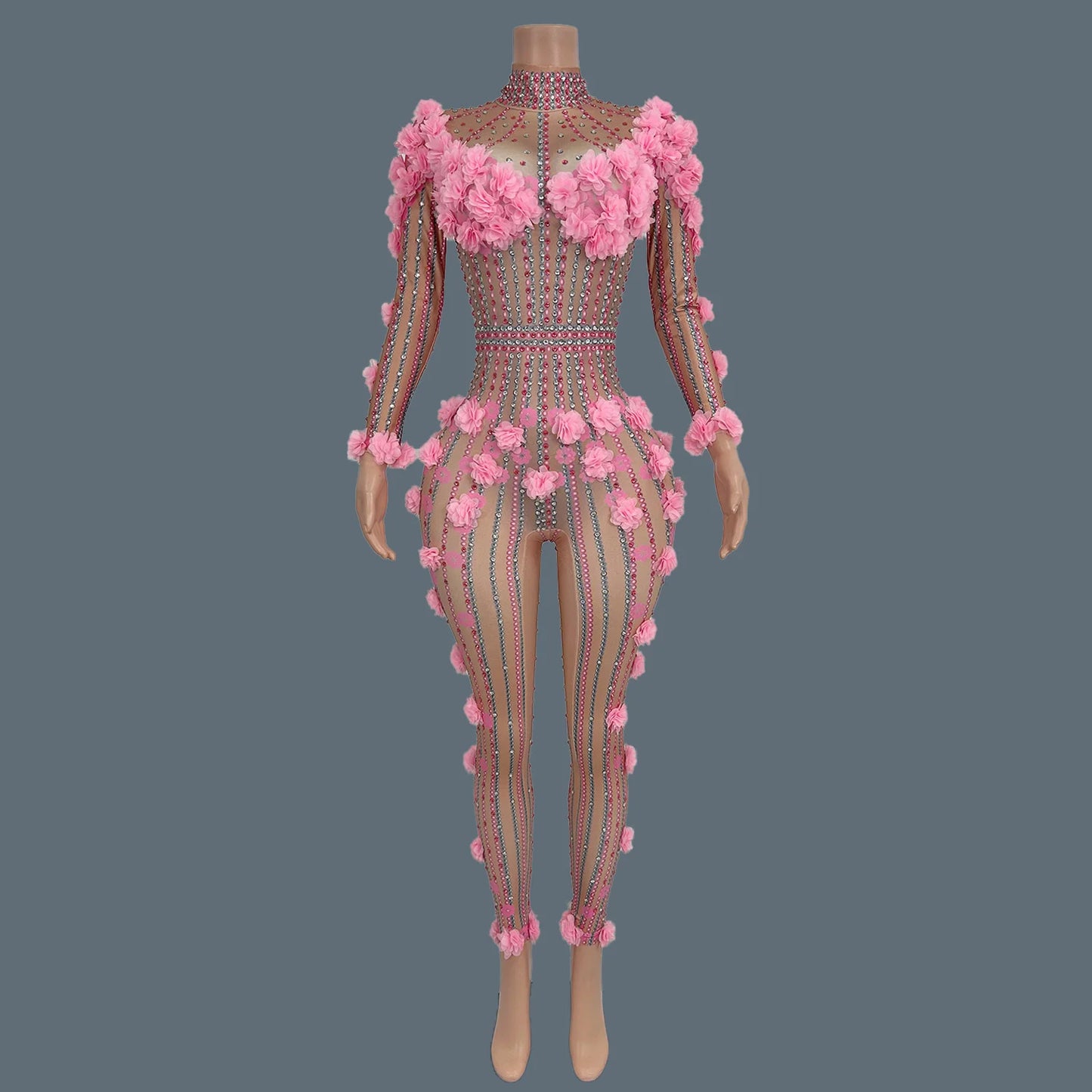 Flower Rhinestones Long Sleeve Pink Jumpsuit