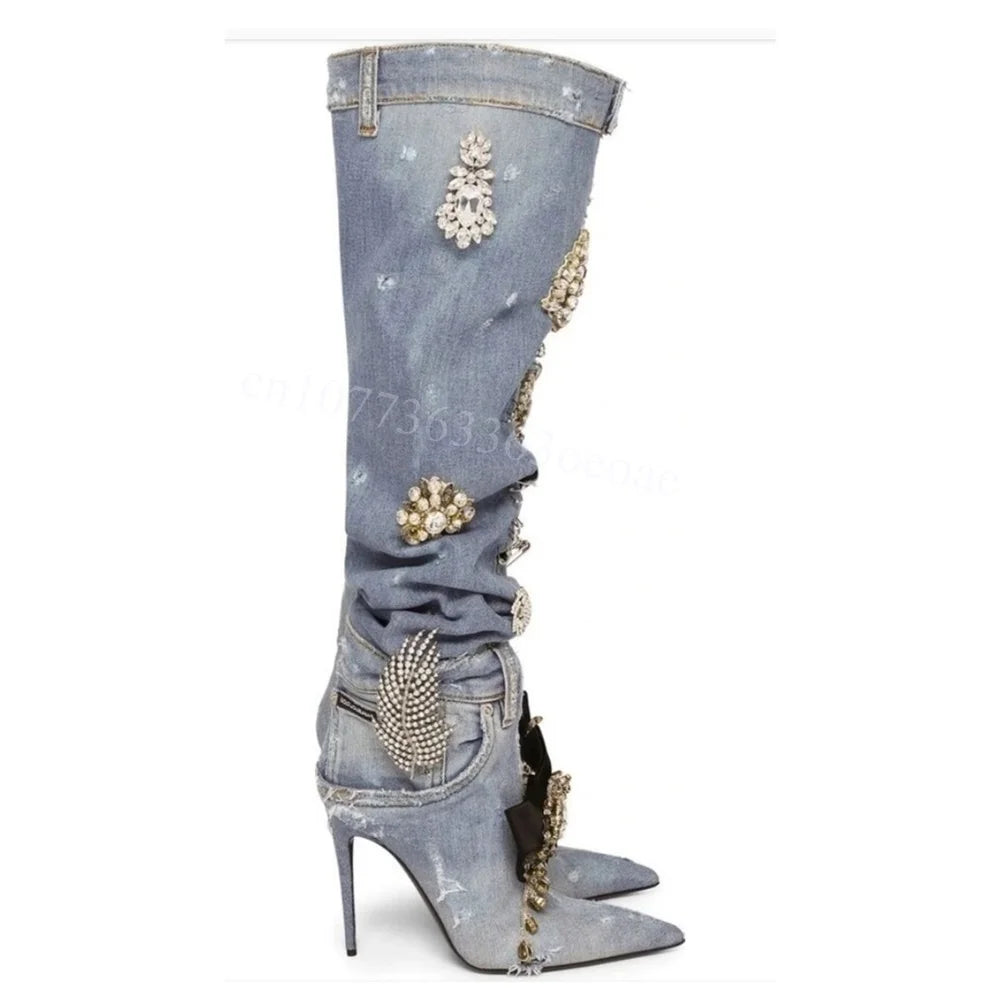 Demin Crystal Decor Boots