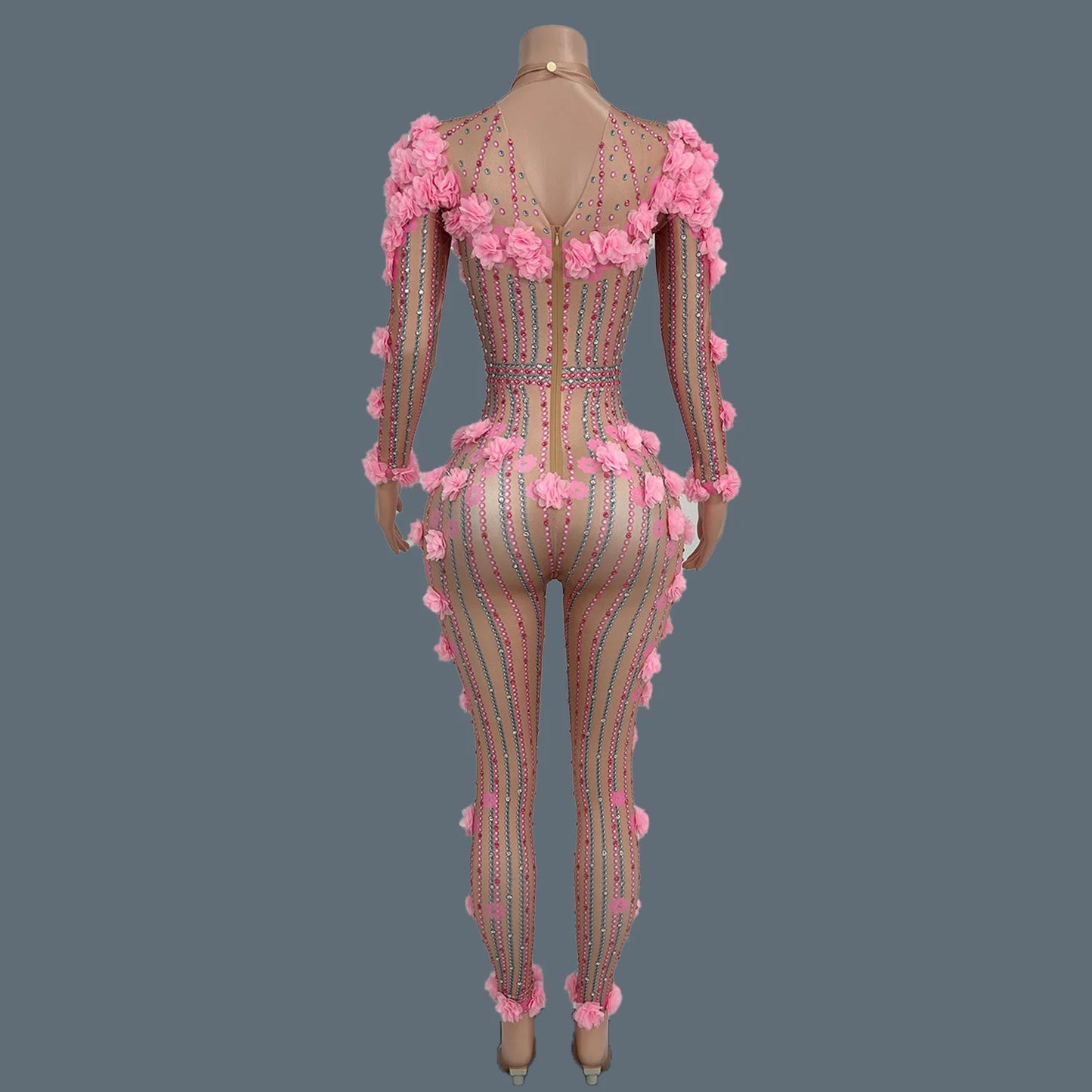 Flower Rhinestones Long Sleeve Pink Jumpsuit