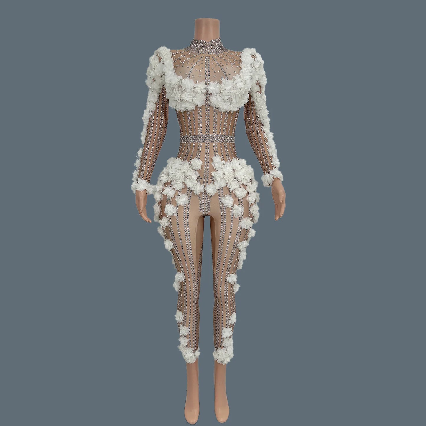 Flower Rhinestones Long Sleeve Pink Jumpsuit