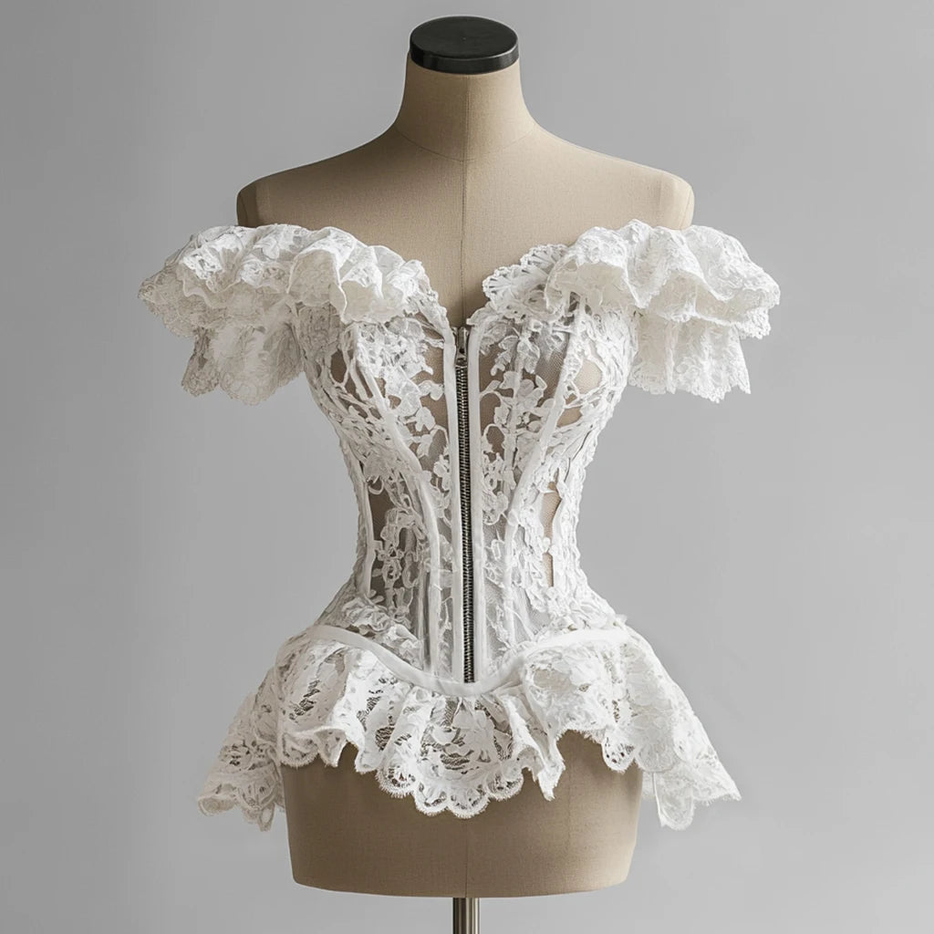 French Corset Blouse Lace Ruffle Off Shoulder