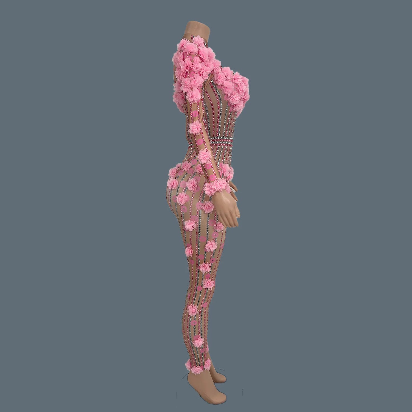 Flower Rhinestones Long Sleeve Pink Jumpsuit