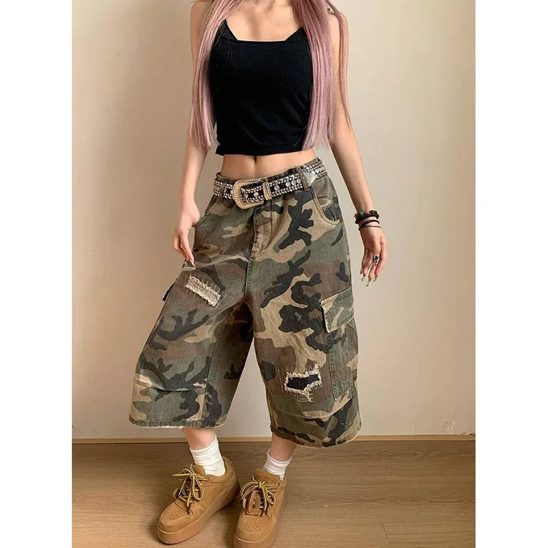 Denim Shorts  Retro Camouflage Jeans