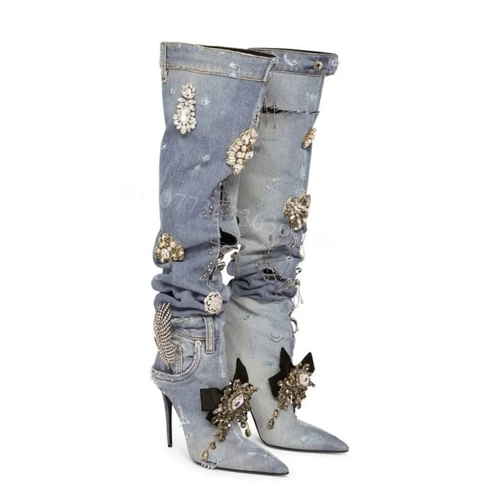 Demin Crystal Decor Boots