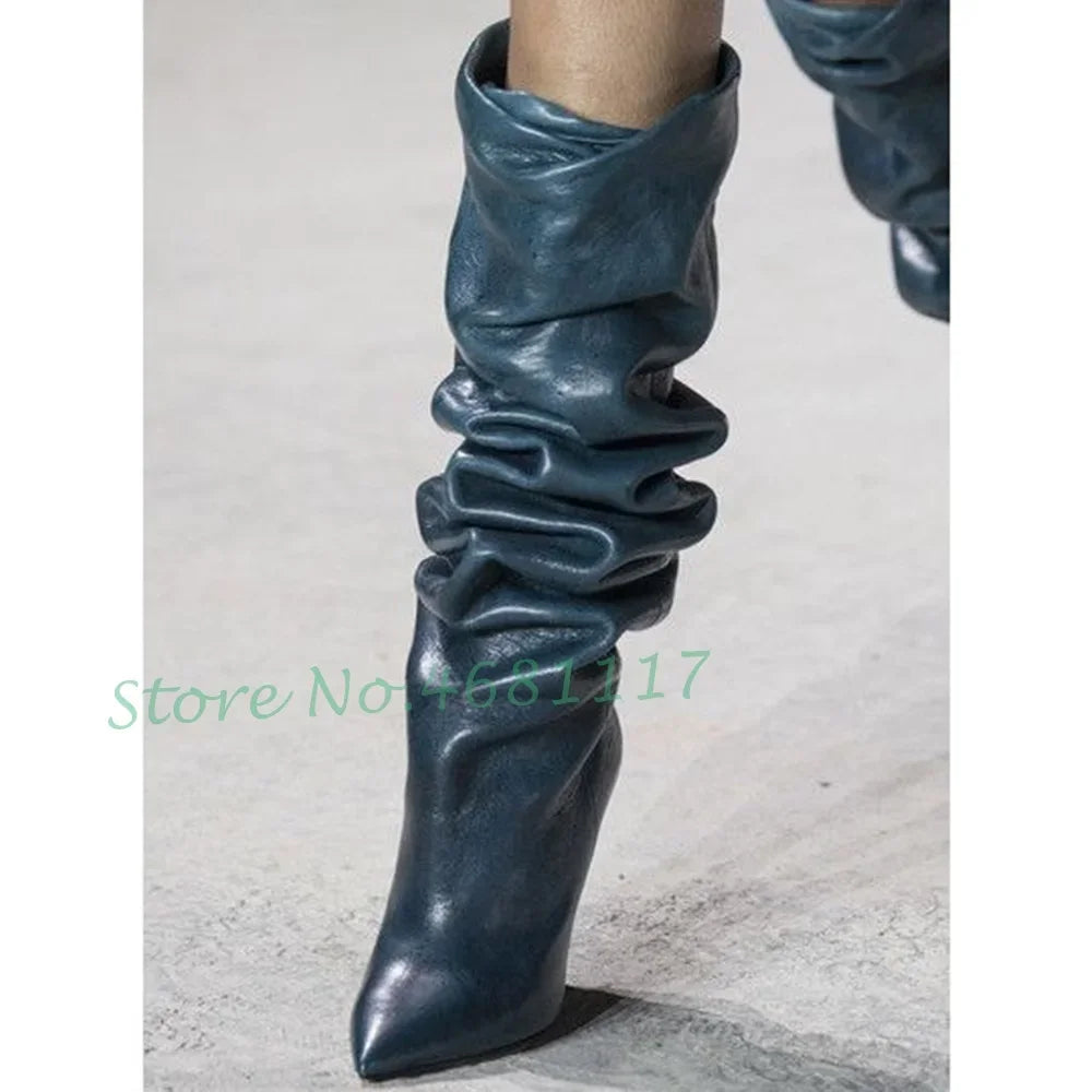 Pleated Spike Heel Long Boots