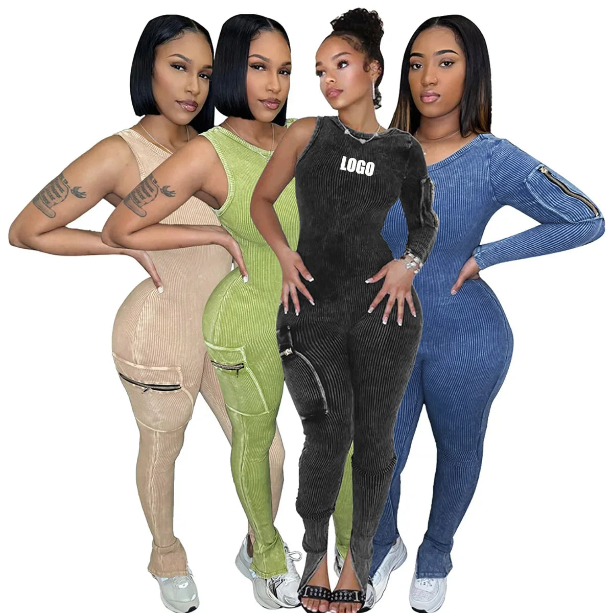 Pocket Single Sleeve Pickling Old Skinny Jumpsuit