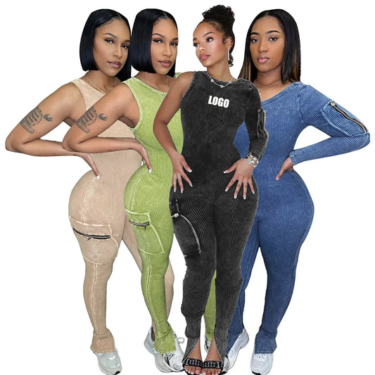 Pocket Single Sleeve Pickling Old Skinny Jumpsuit