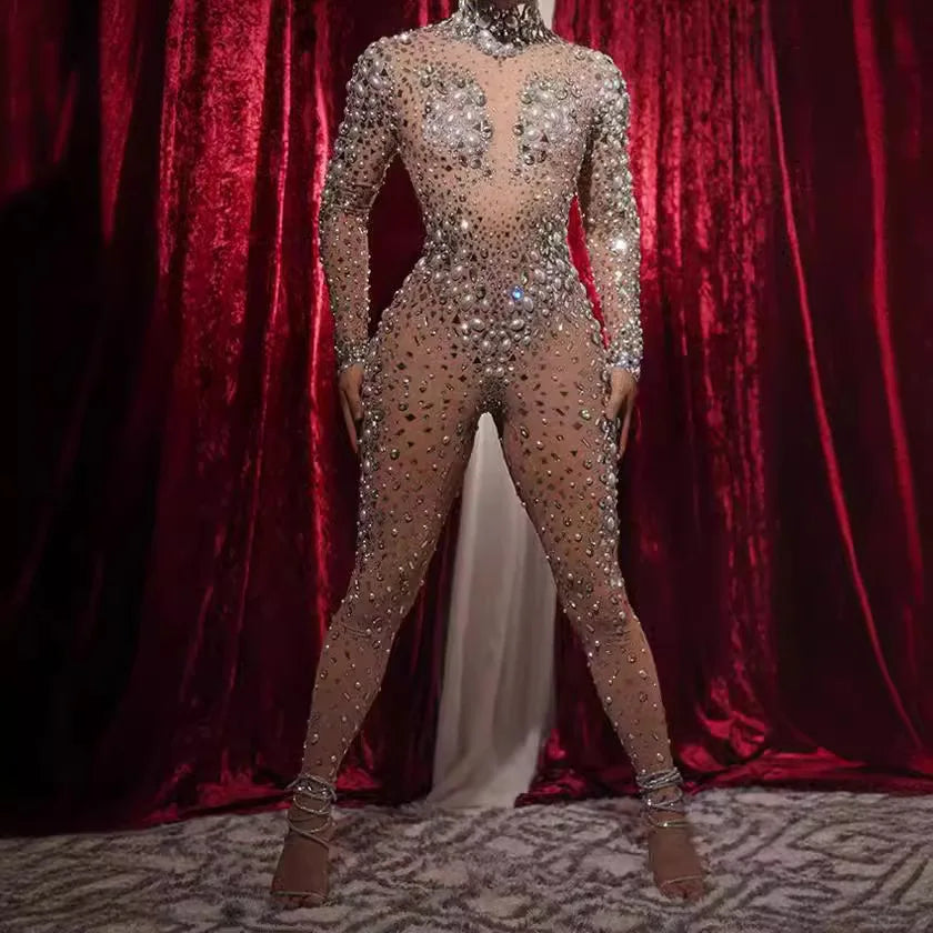 skin tone diamond Shiny pearl stretch tight jumpsuit party