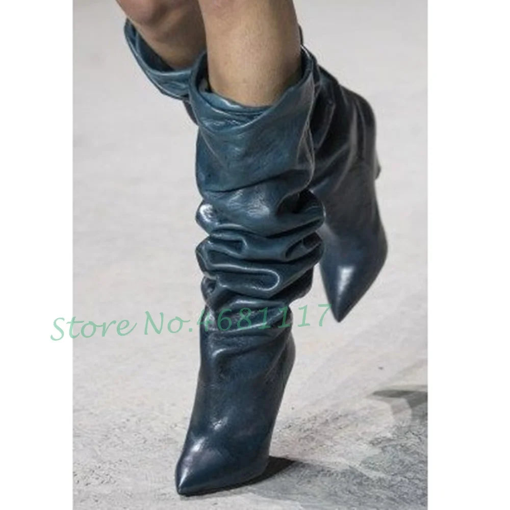 Pleated Spike Heel Long Boots