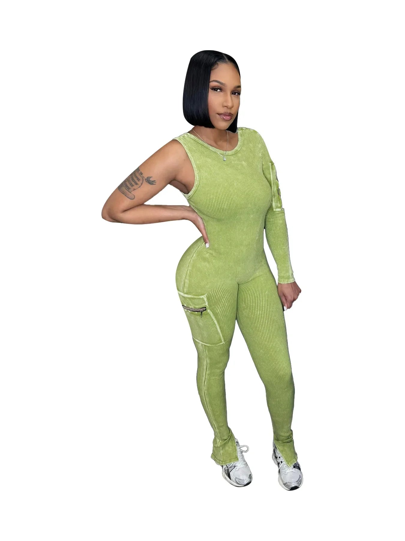 Pocket Single Sleeve Pickling Old Skinny Jumpsuit