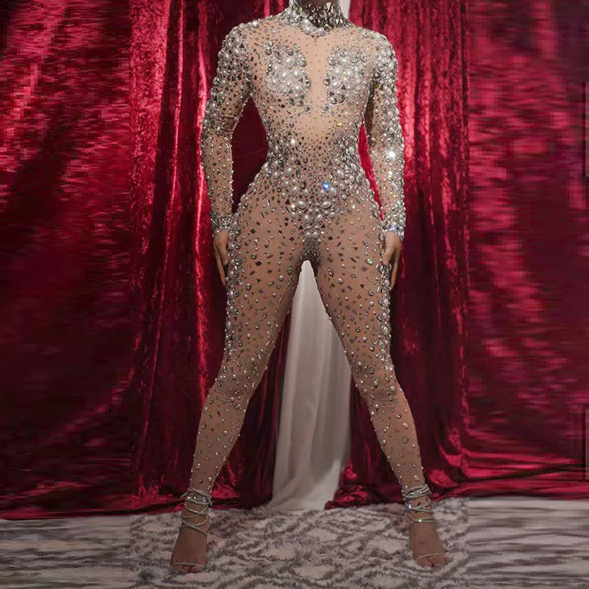 skin tone diamond Shiny pearl stretch tight jumpsuit party