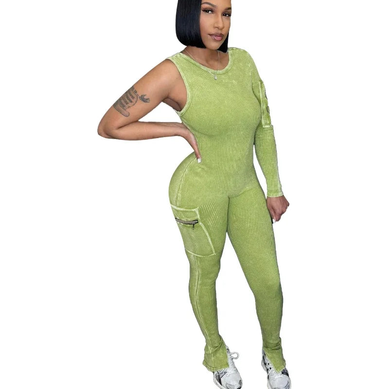 Pocket Single Sleeve Pickling Old Skinny Jumpsuit