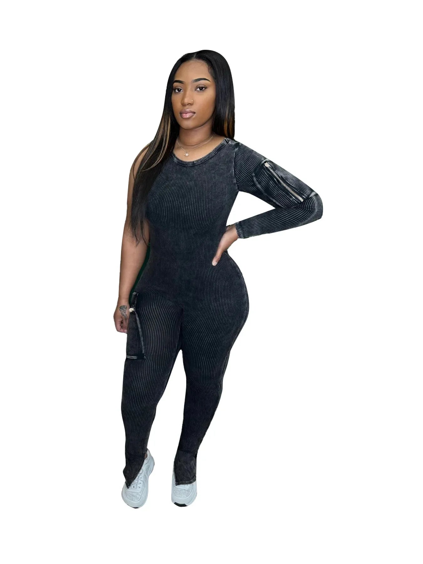 Pocket Single Sleeve Pickling Old Skinny Jumpsuit