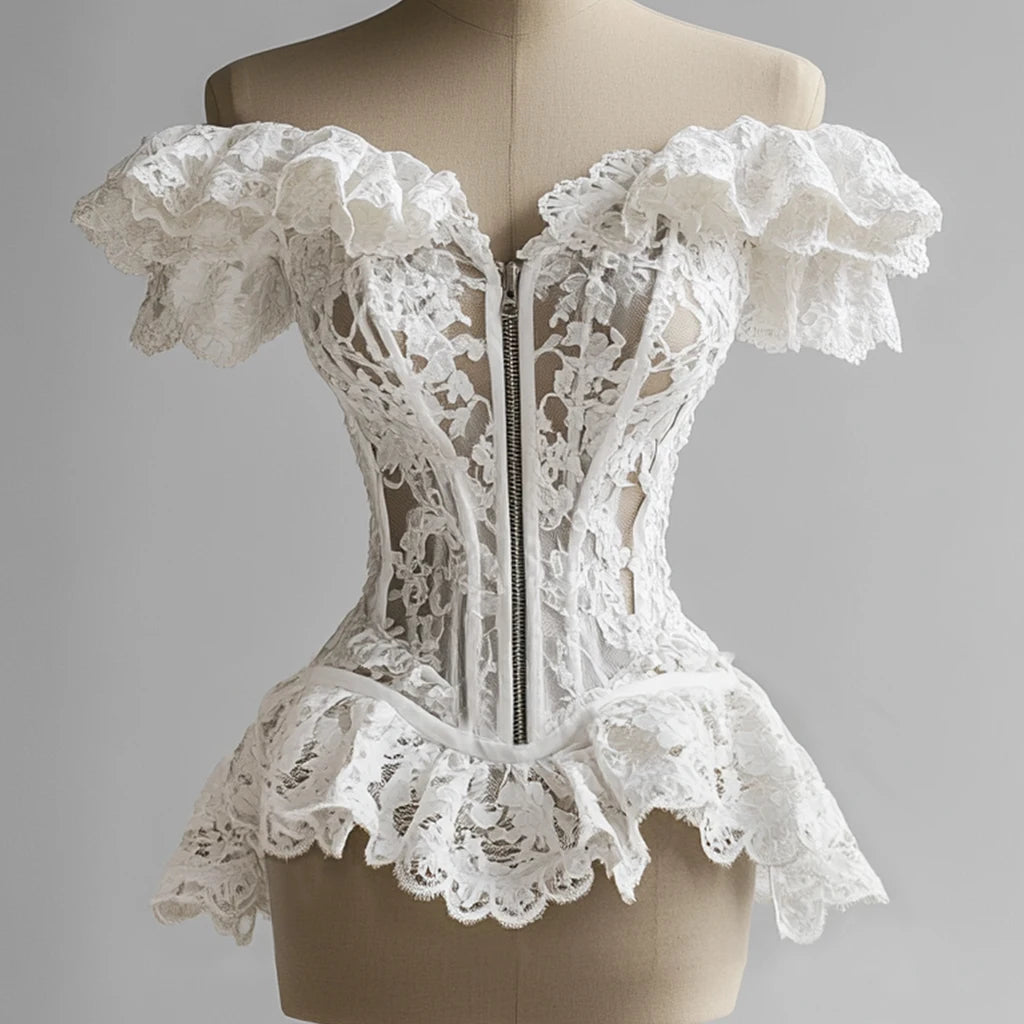 French Corset Blouse Lace Ruffle Off Shoulder