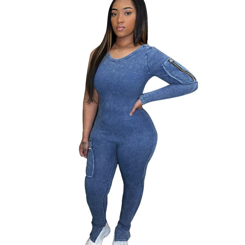 Pocket Single Sleeve Pickling Old Skinny Jumpsuit