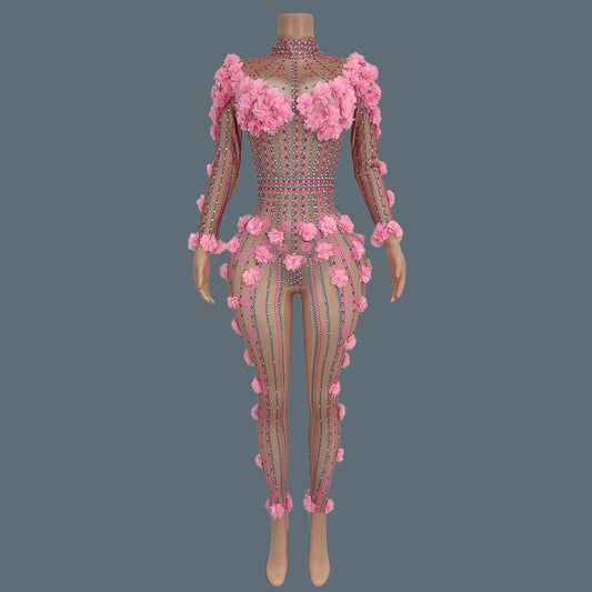 Flower Rhinestones Long Sleeve Pink Jumpsuit
