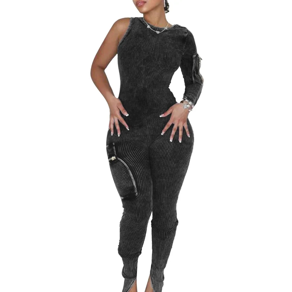 Pocket Single Sleeve Pickling Old Skinny Jumpsuit