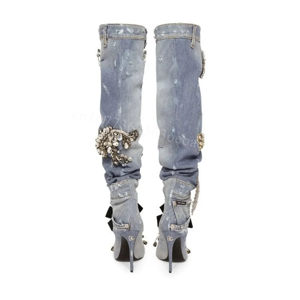 Demin Crystal Decor Boots