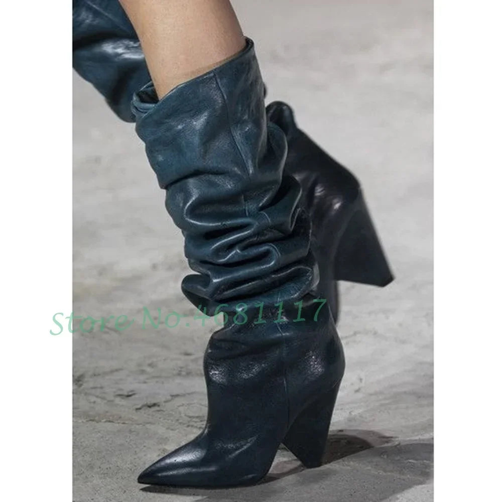 Pleated Spike Heel Long Boots